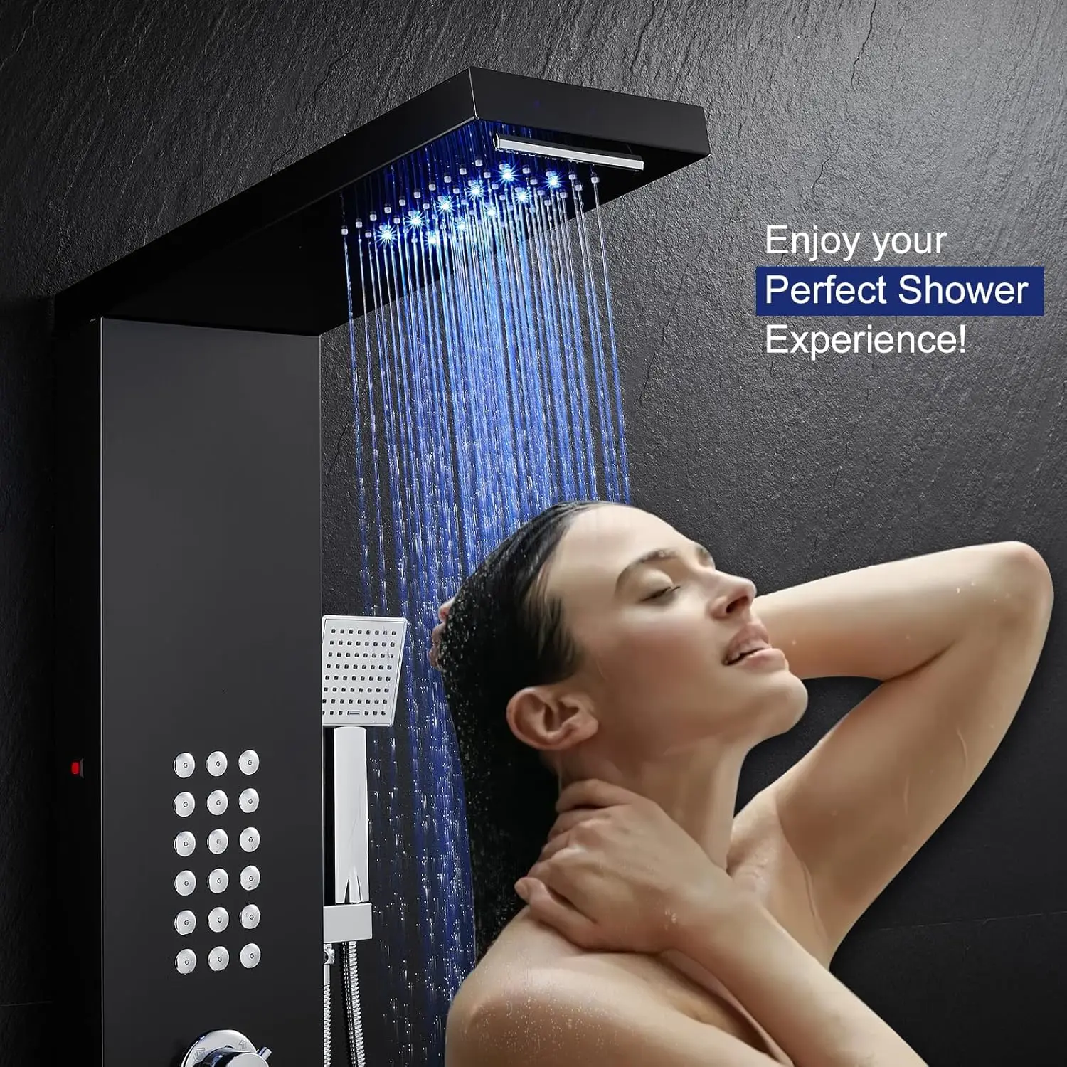 ROVATE LED Shower Panel Tower System Stainless Steel, Rainfall Waterfall Shower Panels with Jets and Handheld
