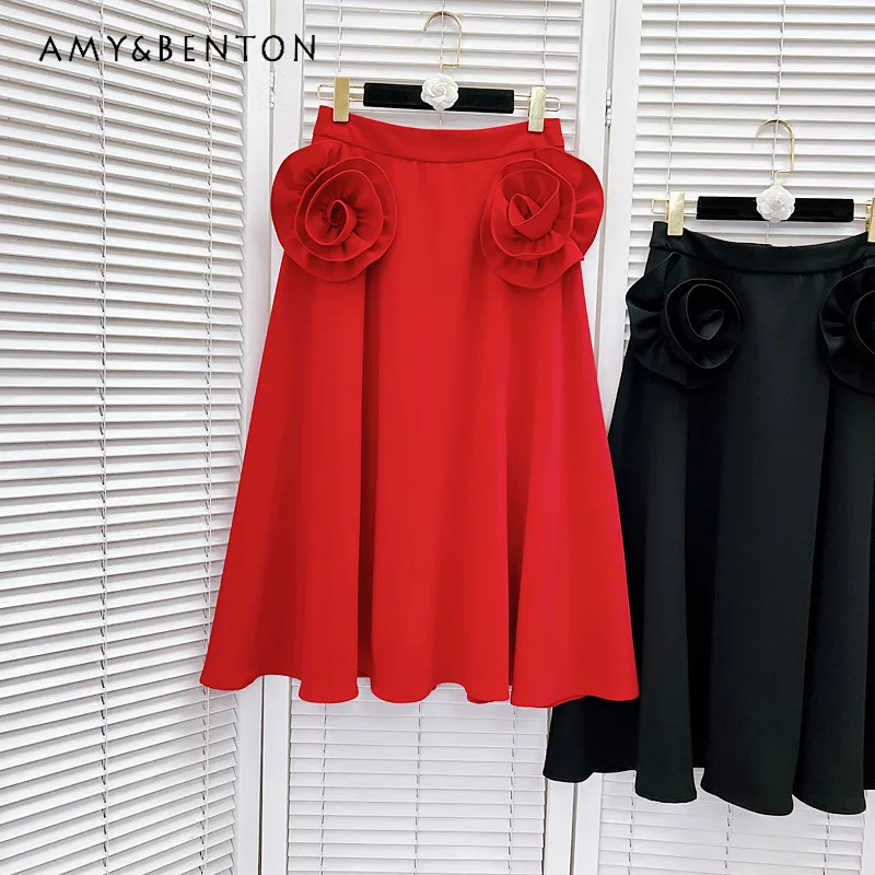 Red Color Three-Dimensional Flower Mid-Length Umbrella Skirt New Skirt Slimming Drape Fashionable Skirts Korean Fashion Clothing bridal accessories slip dress a line waist three dimensional crinoline lace fishtail floor length elastic waist plus yarn