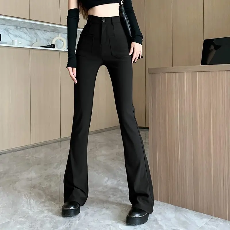 Coffee Colored Micro Flared Pants for Women Spring and Autumn Design Sense Button High Waist Patchwork Double Pockets Trousers