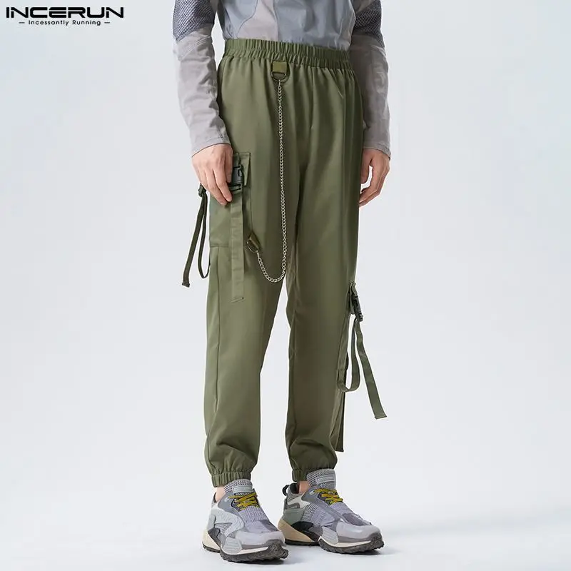 

American Style Men's Chain Schoolbag Buckle Pantalons Casual Streetwear Male Solid All-match Cargo Long Pants S-5XL INCERUN 2023