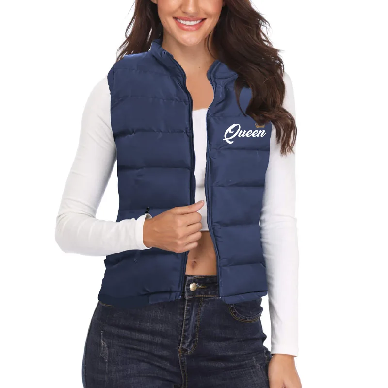 Tuveke Autumn and Winter Latest KING QUEEN Print Couple Sleeveless Couple Zipper Down Jacket Vest Solid Color Inflatable Vest