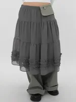 Chic Summer New Pure Color High-End Gauze Skirt f-length See-tough Puffy Bordered Midi Skirt Japanese Sle Casual Wear