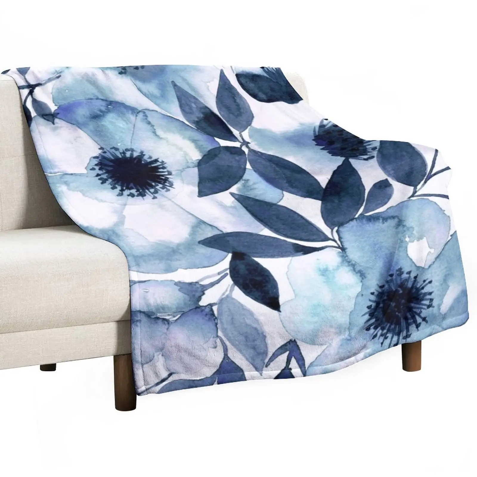 

New Hamptons style navy blue watercolour floral painting Throw Blanket Blankets For Bed Winter bed blankets Soft Plaid