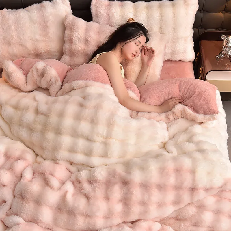 Light luxury rabbit velvet four-piece set thickened warm milk velvet rabbit hair tie-dye bed sheet quilt cover
