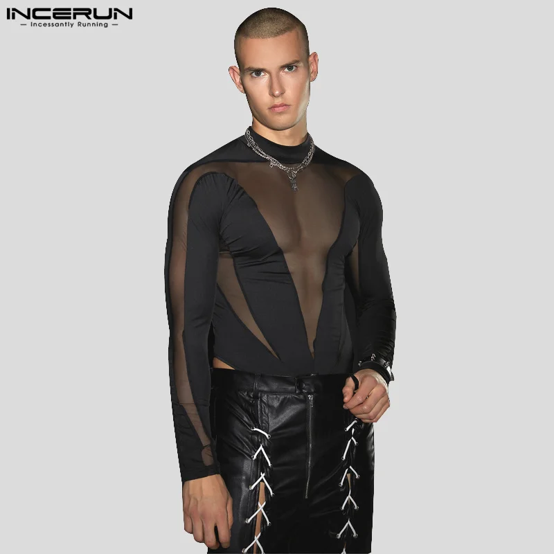 INCERUN Men Bodysuits Mesh Patchwork Transparent Turtleneck Long Sleeve Rompers T Shirt Men Streetwear men bodysuits,men jumpsuits,men lingerie