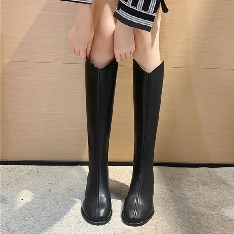 2023 New High Quality Women Boots Fashion Knee High Boots Thick Heel Ladies Long Slip on Autumn Winter Shoes Woman Length 34-43