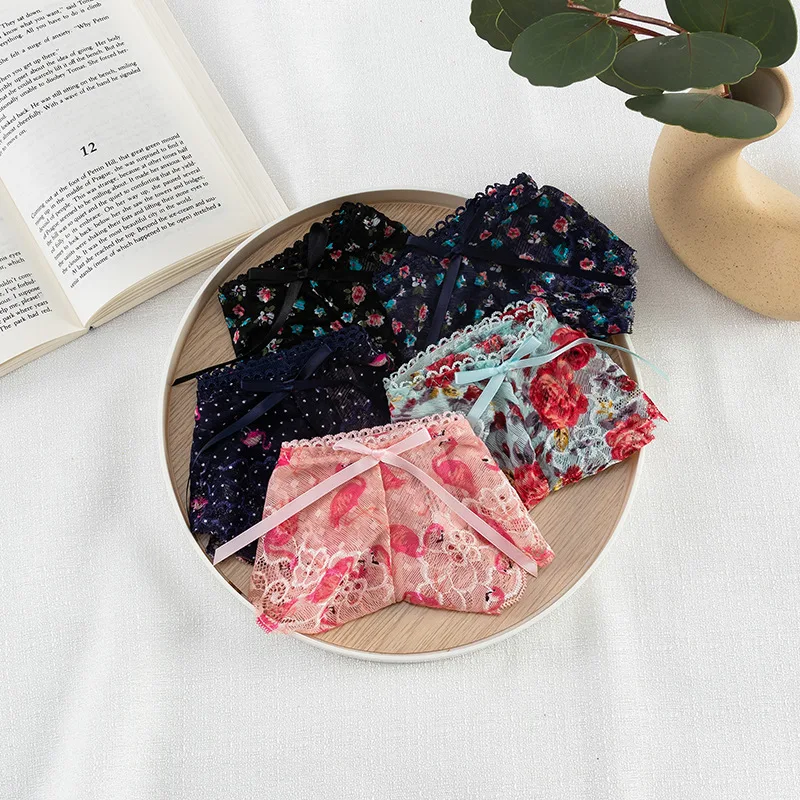 Underwear Women Fashion Embroidery Flower Transparent Gauze Wave Low Waist  G-string Pants Panties Thong 