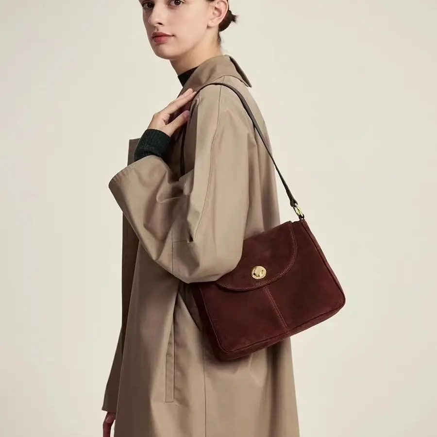 Women's French Fashion Soft Chamois Suede Leather Shoulder Bag Classic Bucket Tote Caremel Hobo Spring New Arrival Wholesale