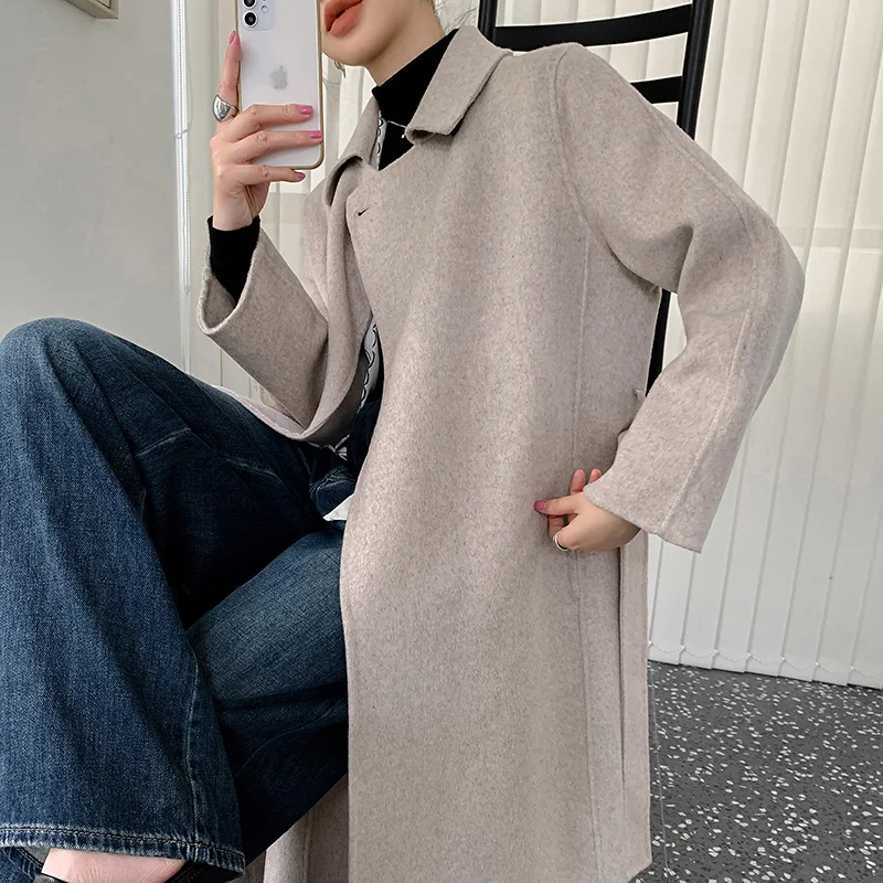Autumn Winter New High End Double Sided Wool Coat Women's Polo Neck 100% Pure Wool Loose Medium Length Style Thickened Wool Coat