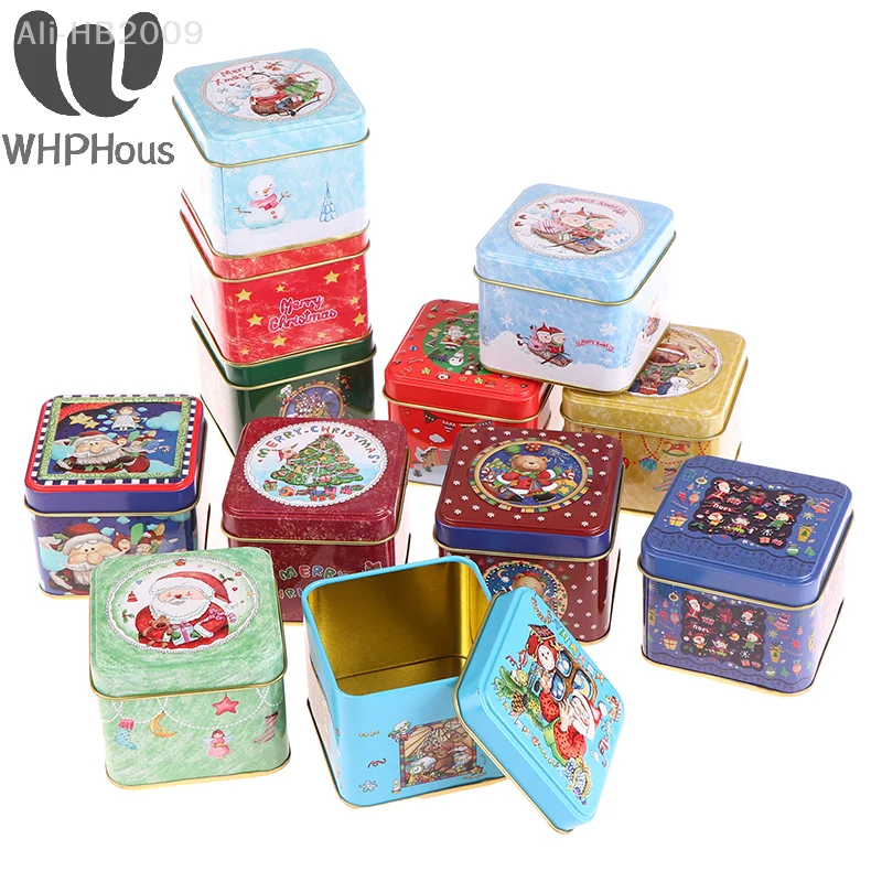 

1Pc Small Christmas Square Metal Tinplate Candy Gift Storage Biscuit Box Iron Can Storage Boxes Xmas New Years Decoration