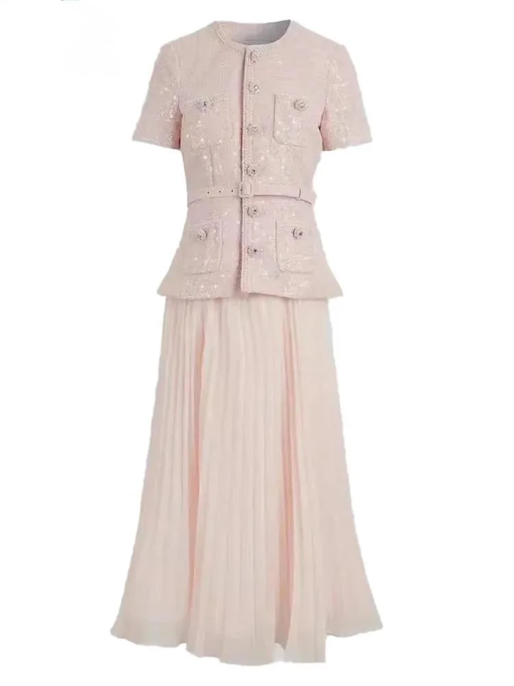 QMQA Fashion Women's Elegant 2 Pcs Set O Neck Short Sleeve Sequins Tweed Belt Coat High Waist Pleated Skirts Sets 2024 New 1A115 5