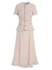 QMQA Fashion Women's Elegant 2 Pcs Set O Neck Short Sleeve Sequins Tweed Belt Coat High Waist Pleated Skirts Sets 2024 New 1A115 5