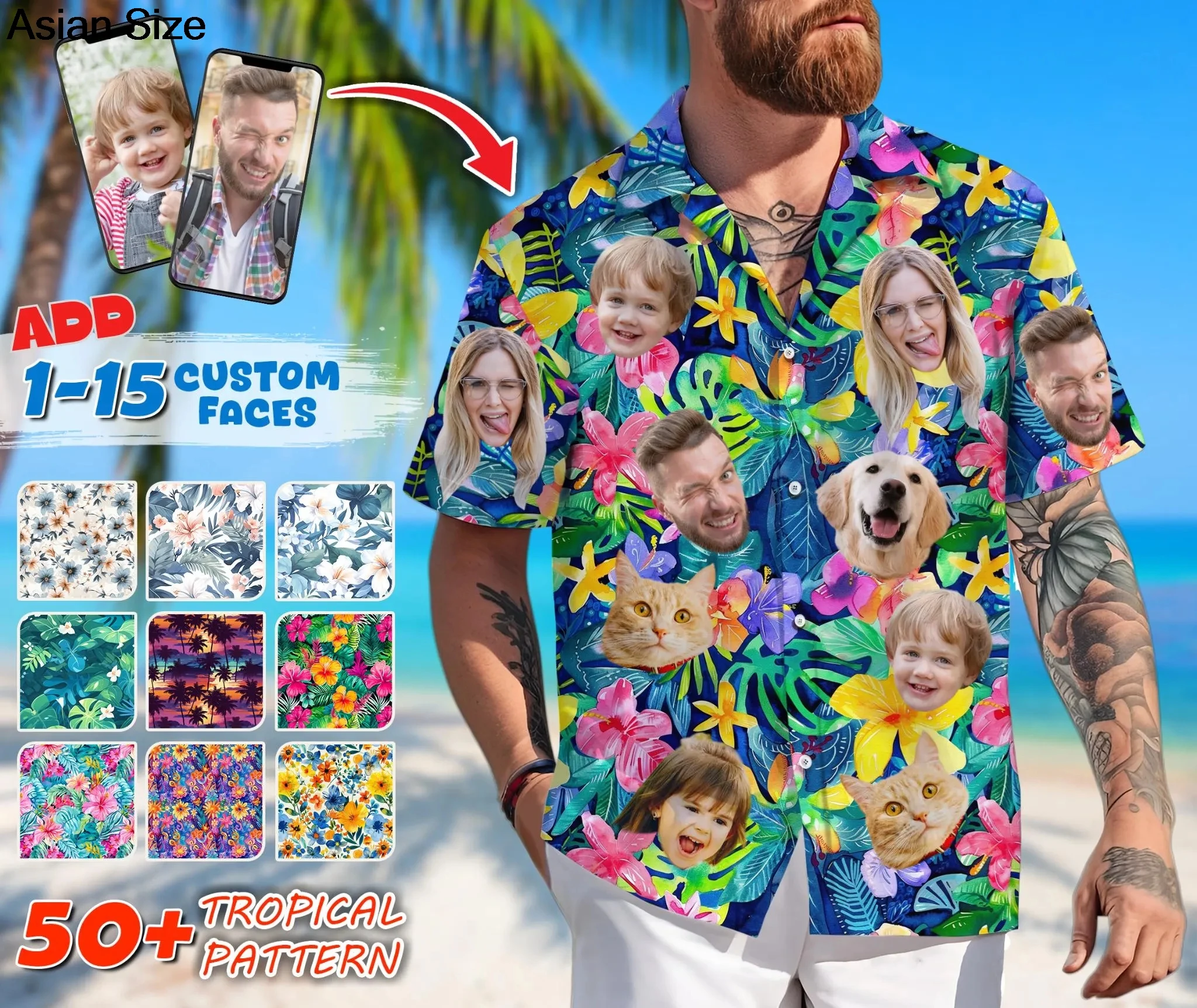 חולצת הוואייאנית עם פנים מותאמות אישית לגברים ונשים, מתנה לחברה או לחבר בחוף הטרופי