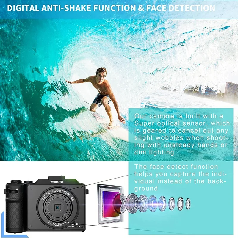 3In IPS Screen Digital Camera HD Digital Camera For Photography, Dual Cam Front And Rear With Autofocus Face Detect