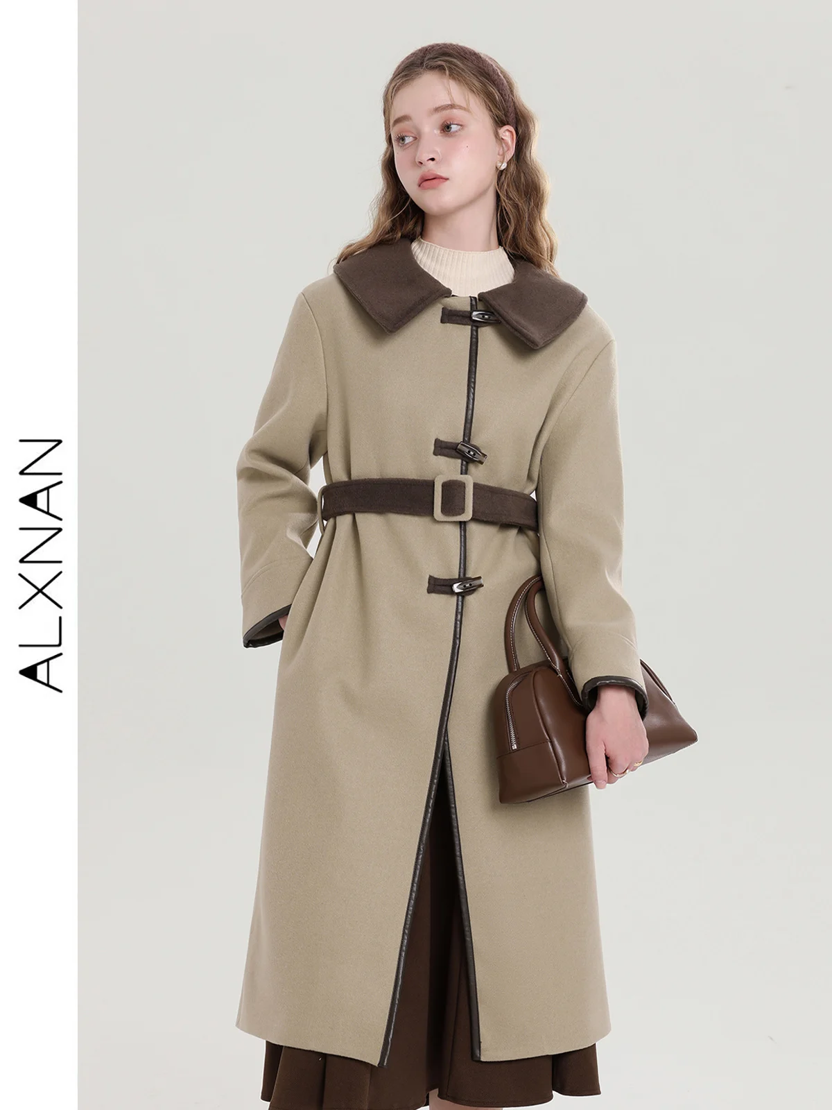 

Корейский стиль, Женское шерстяное и Смешанное пальто ALXNAN, однобортная твидовая куртка средней длины с отложным воротником, трапециевидного силуэта, женская одежда, 2024, T00920
