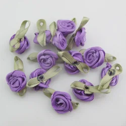 Vibrant Fabric Ribbon Rose Rosettes with Leaf - Set of 50 Flower Embellishments for DIY Crafts & Sewing Supplies (20 medium purple)