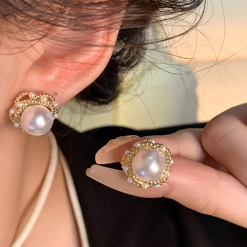 New S925 Silver Needle Vintage Round Imitation Pearl Earrings for Women Fashion Temperament Ear Jewelry Gift
