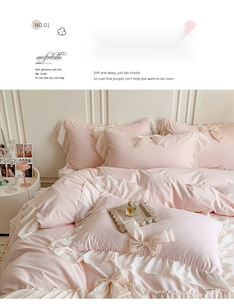 Volume 2023 Nuovo set di biancheria da letto in stile principessa in quattro pezzi romantico con fiocco a cuore in cotone caldo_voghion.com