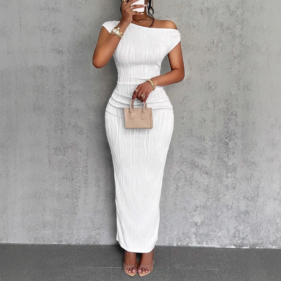 AliExpress Europe And The United States Cross-border Summer Hot Sale New Temperament Fashion Water Ripple Slanted Shoulder Dress