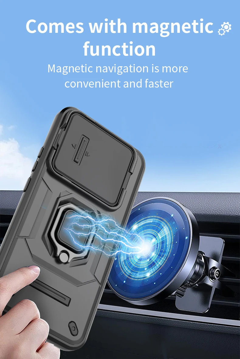 Shockproof Armor Phone Case with Slide Camera Cover and Car Magnetic Holder