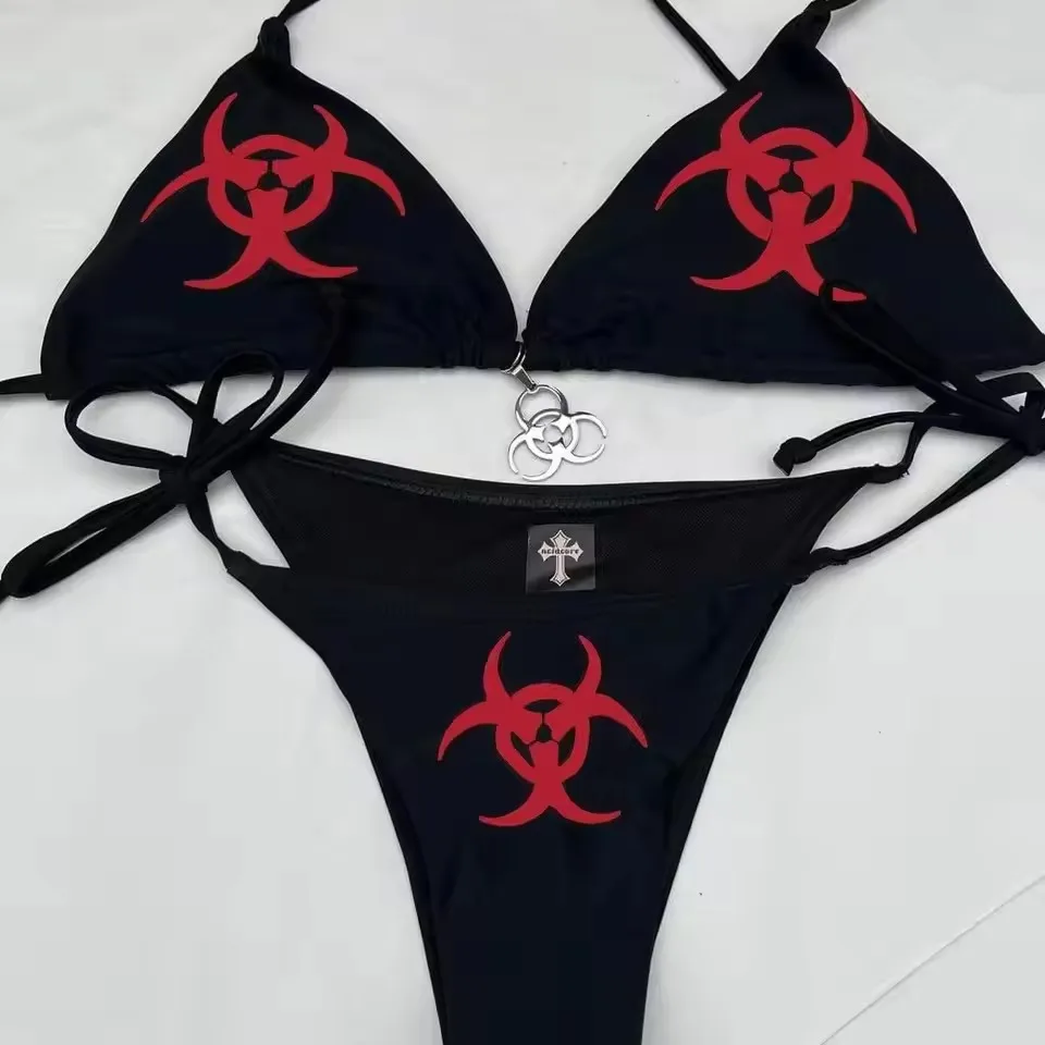 Y2k style Print Bikini Set Sexy Thong Swimsuit Two Pieces Bathing Suit Punk Bathing Suit Fashion Swimwear Women Millennium style 2