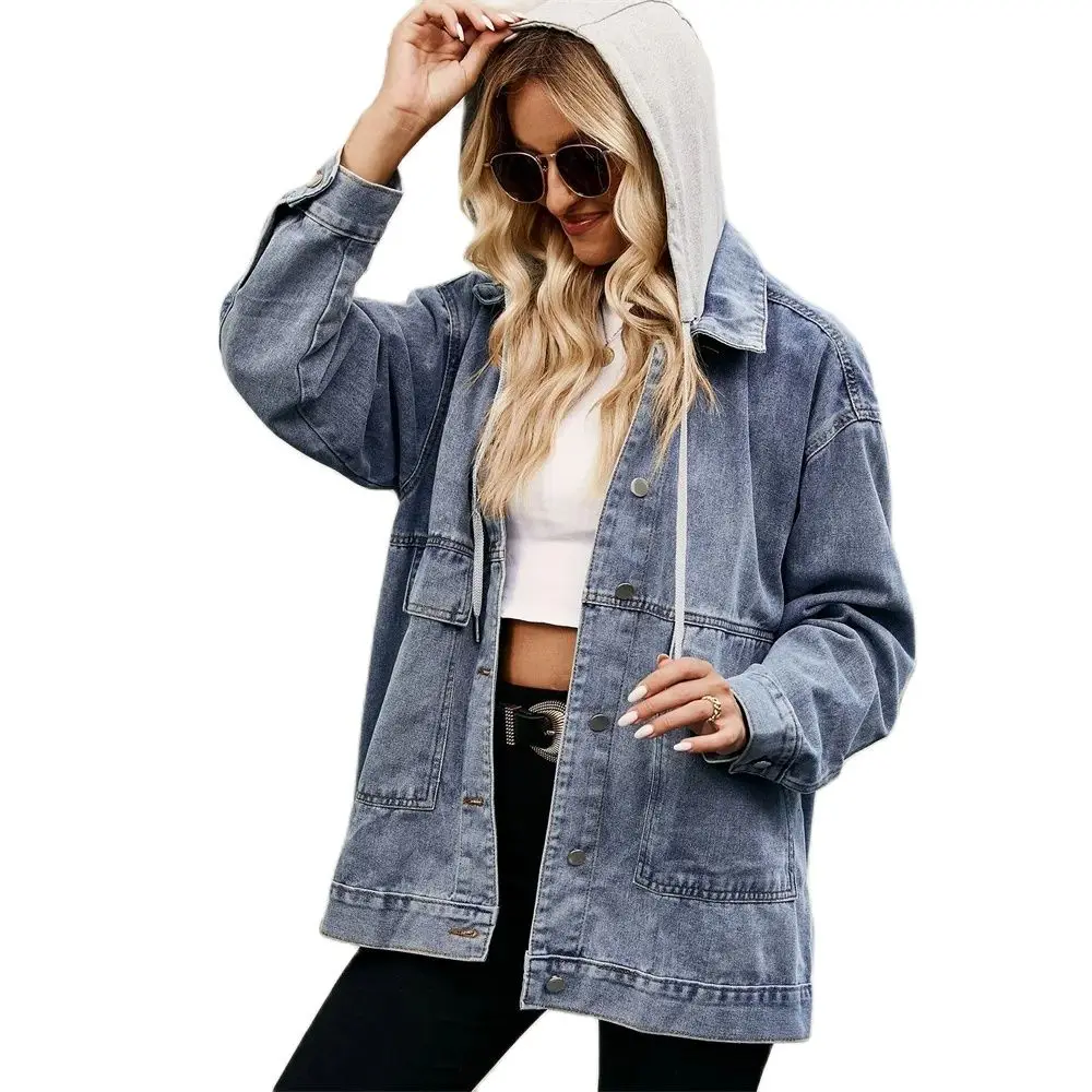 

Spring/Autumn Euro-American Style Denim Hooded Outerwear Women Lapel Single-Breasted Pocket Vintage Loose Thick Cowboy Jacket