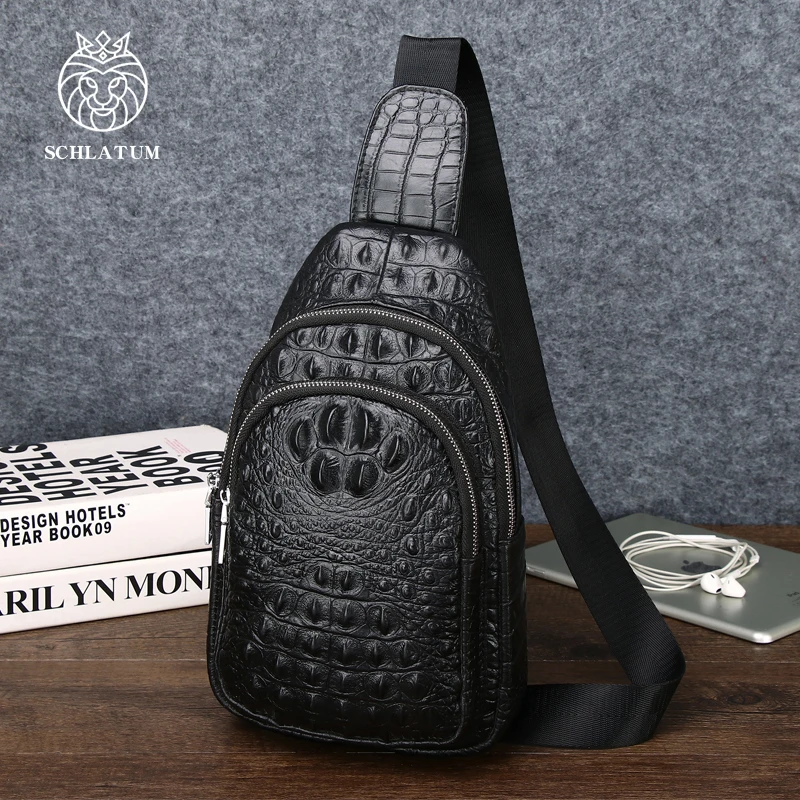 

SCHLATUM 100% Cowhide Leather Men Crocodile Grain Fashion Men's Black Multifunctional Men Leather Chest Bag