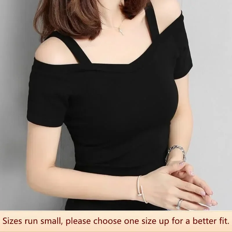 

Футболка женская из полиэстера, пикантная Модная рубашка без бретелек, с коротким рукавом, с воротником «одно слово», Размеры M-l-xl-xxl, черная, на лето