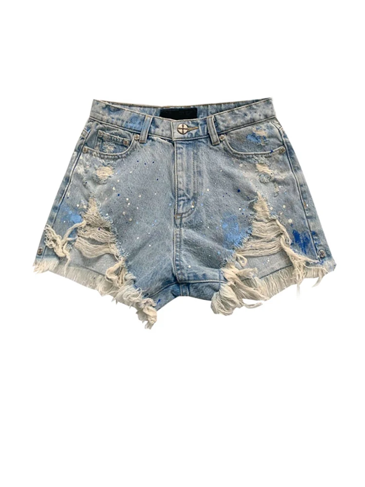 

Women Ripped Blue Denim Shorts High Waist Wide Shorts Korean 90s Y2k Loose Vintage Harajuku A-line Jeans Short Pants Summer 2023