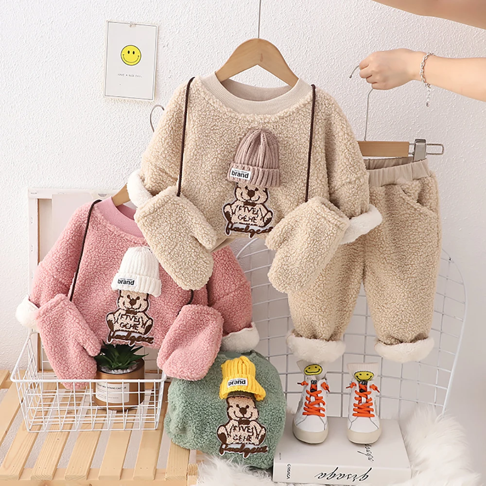 

Toddle Baby Fleece Pants And Winter Fleece top Set For Toddler Boy Girl cartoon warm O-neck Outfits suit with gloves