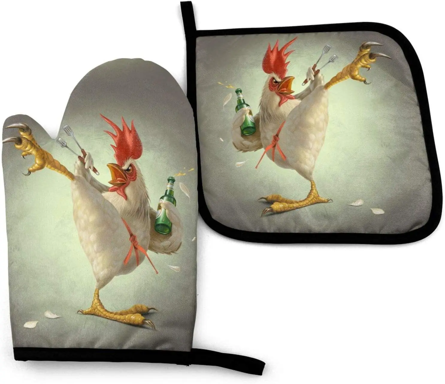 Funny Chicken Oven Mitts and Pot Holders Sets Heat Resistant Kitchen Non-Slip Printed Grip Oven Gloves for Microwave BBQ Cooking