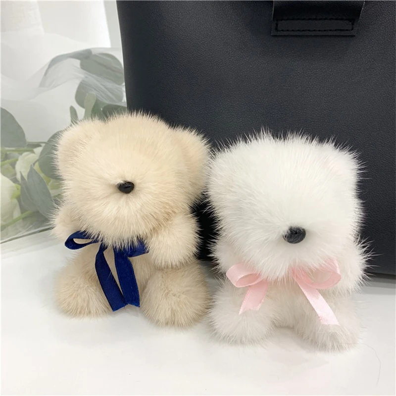 

Real Mink Fur Teddy Bear Charm Keychain Plush Cute Toys Trinket Keyring Bag Hanging Car Key Ornament Women Jewelry Party Gifts