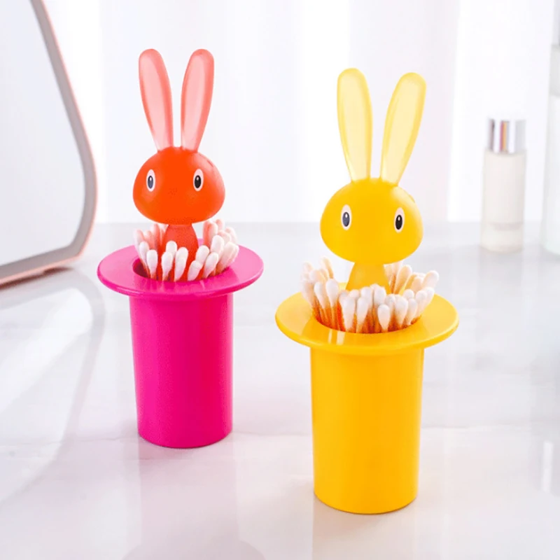 Lovely Cartoon Rabbit Toothpick Holder Press Type Cotton Swab Storage Box Cute Dustproof Toothpicks Organizer