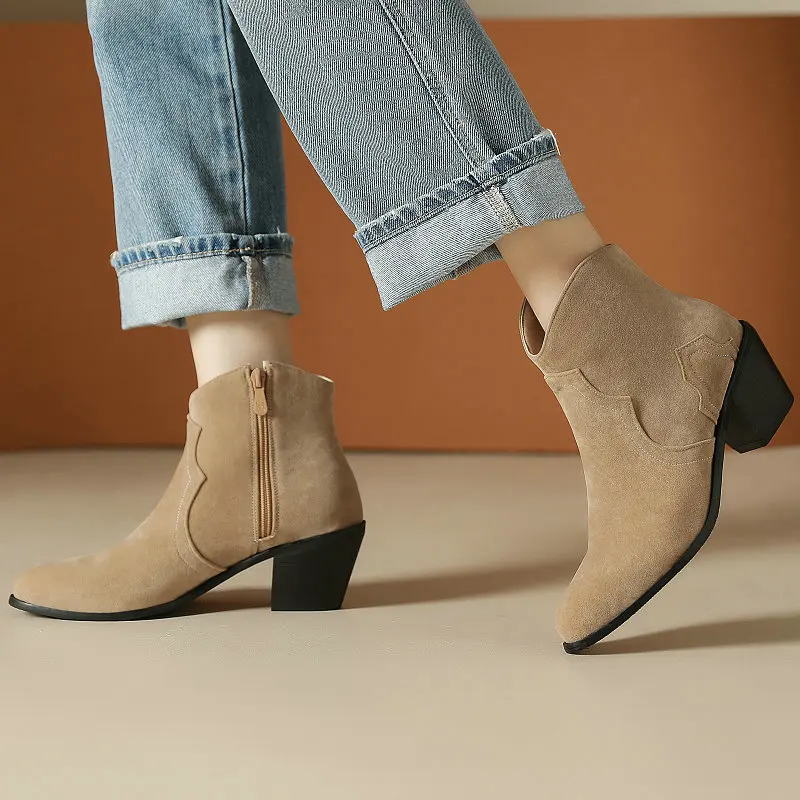 

Faux Suede Leather Khaki Black Color Round Toe Ankle Chelsea Boots For Women Plus Size 47 48 13 Chunky High Heels Winter Shoes