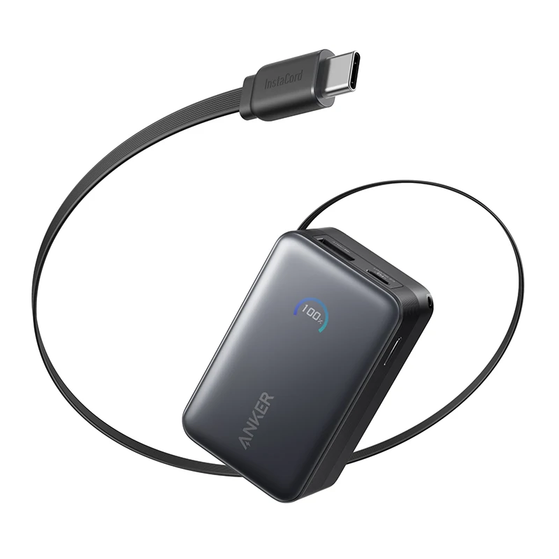 Anker Nano Power Bank شاحن محمول 10,000 مللي أمبير في الساعة مع كابل InstaCord قابل للسحب بطول 2.3 قدم 45 وات ماكس حزمة بطارية مدمجة iPhone 17