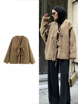 Women Fashion Casual Knitted Cardigan Autumn and Winter Loose Solid Color V-Neck Tie Coat Retro Long Sleeve Commuter Jacket