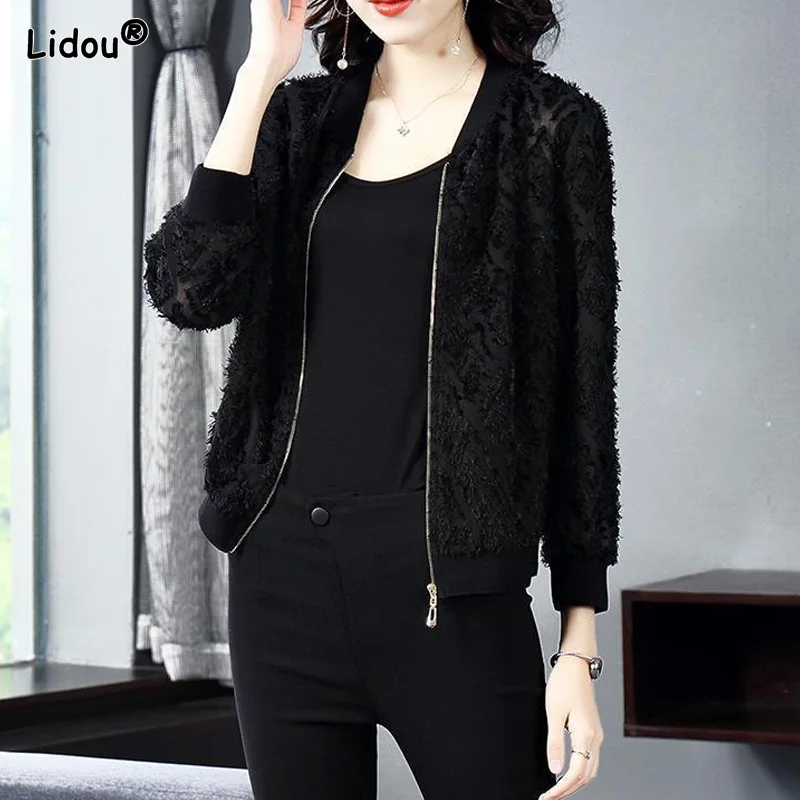 

Spring Summer Black Appliques O-Neck Coats Korean Hollow Out Zipper Short Women's Clothing Lace Solid Loose Long Sleeve Flocking