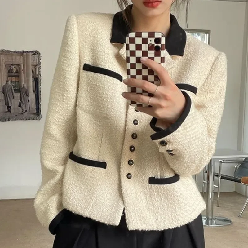 2024 Spring Autumn New Korean Niche Short Outwear Small Fragrant Wind Coat Women's Elegant Jacket Temperament Suit Collar Tops