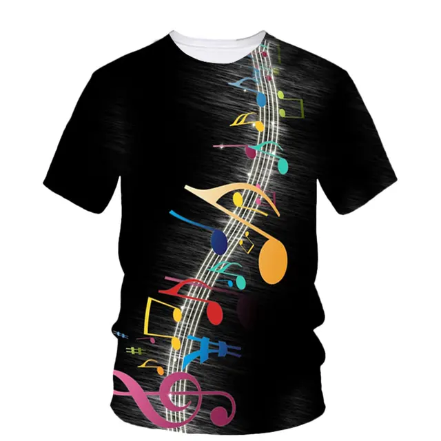 Símbolo musical: Camiseta masculina fashion de verão impressa em 3D, criativa, estilo Harajuku, casual, manga curta, gola clássica e solta Símbolo musical: Camiseta masculina fashion de verão impressa em 3D, criativa, estilo Harajuku, casual, manga curta, gola clássica e solta