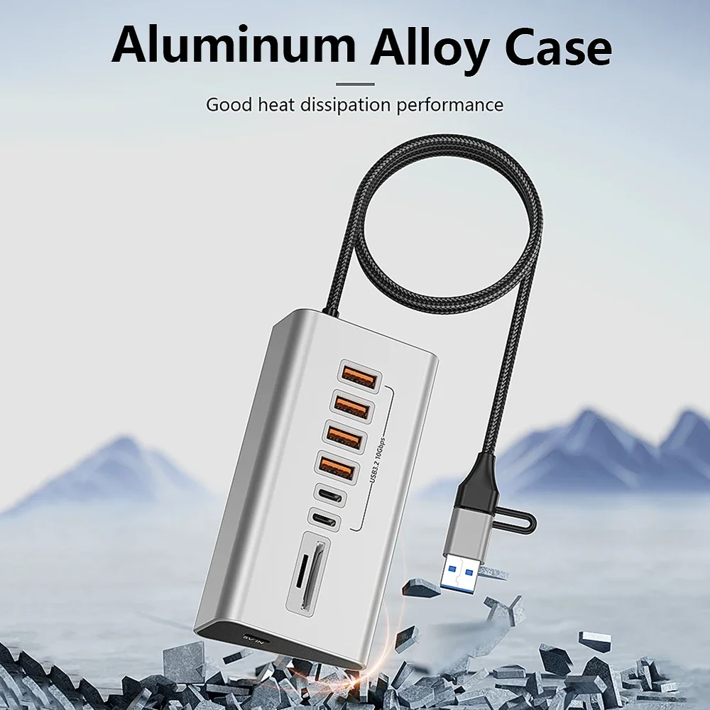 9-in-2 USB 3.2 HUB 10Gbps Data Transfer Aluminum Alloy USB Docking Station USB Splitter with Card Reader For PC Laptop Macbook