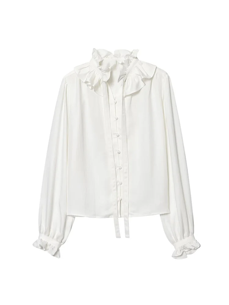 Women's Ruffle High Neck Blouse Fashion Solid Lace Up Long Sleeves Fitted Shirts Vintage Elegant Button Up Party Shirts 2026 New