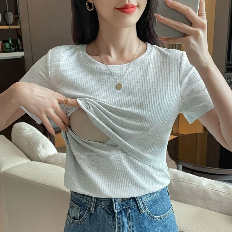 Summer Maternity Tops Cotton Breastfeeding Nursing Top