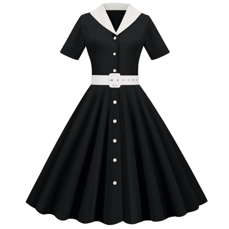 

Summer Korean version Women Flip Vestido V-neck Short Sleeved Belt With Waistband, Solid Color Retro Large Swing Elegant Dress