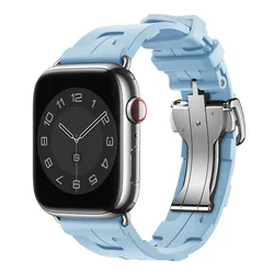 Kilim Single Tour Silicone Watch Strap with Logo and Folding Buckle for 42MM 44MM 45MM 49MM (Light Blue-Silver)