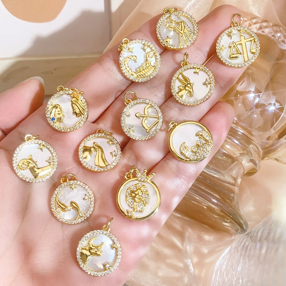 Juya 수제 진짜 금 도금 진주 쉘, DIY 럭셔리 탄생석 펜던트, 선물 쥬얼리 만들기, 18K 12 조디악 참