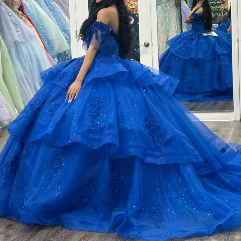 

Blue Shiny V-Neck Quinceanera Dresses Off the Shoulder Sweet 16 Gowns Applique Lace Bead Tull Vestidos 15 De Quinceañera