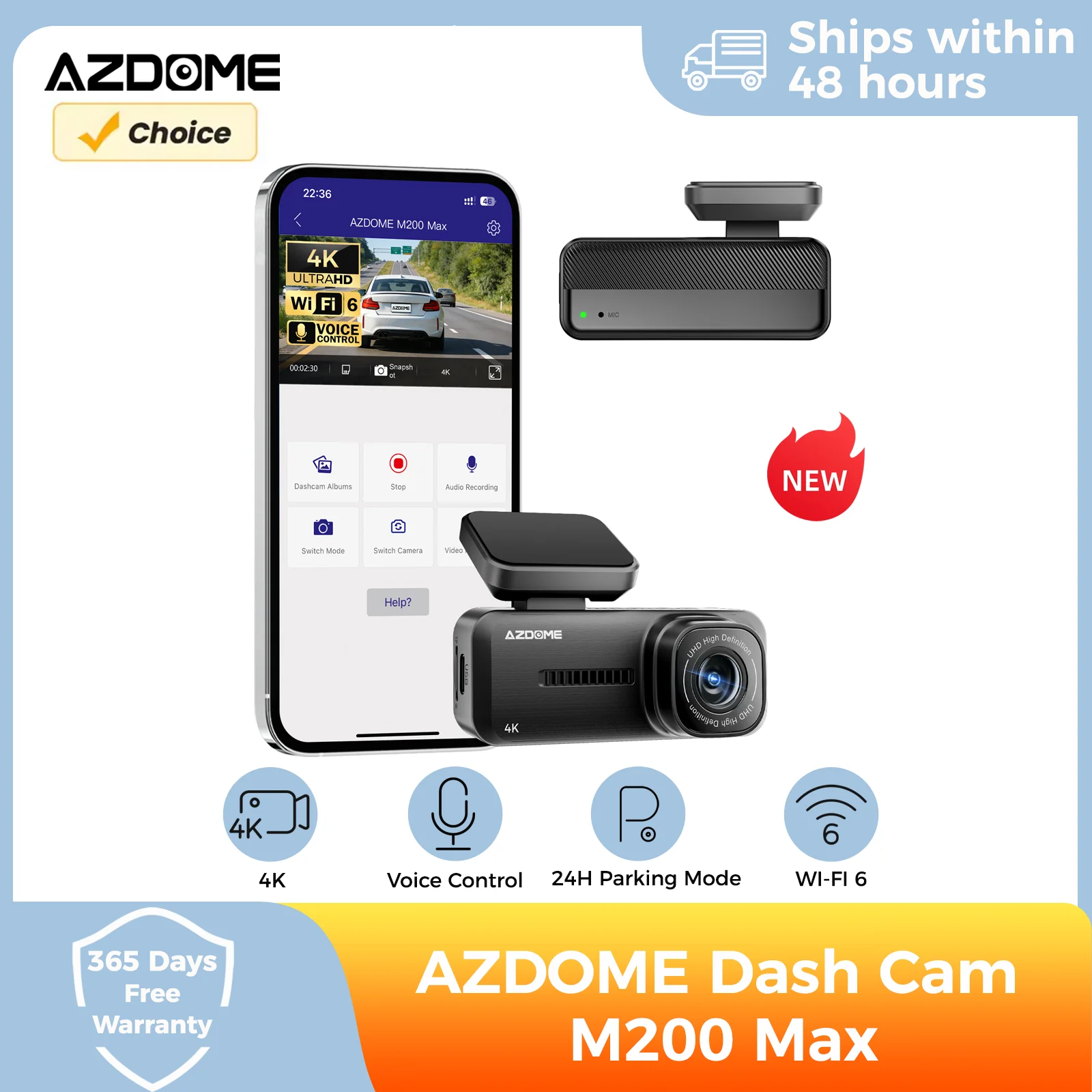 AZDOME 대시캠 4K M200 Max Wi-Fi 6 스마트 음성 제어 24시간 주차 감시 야간 투시 기능 탑재 차량용 블랙박스 G센서 탑재 차량용 DVR