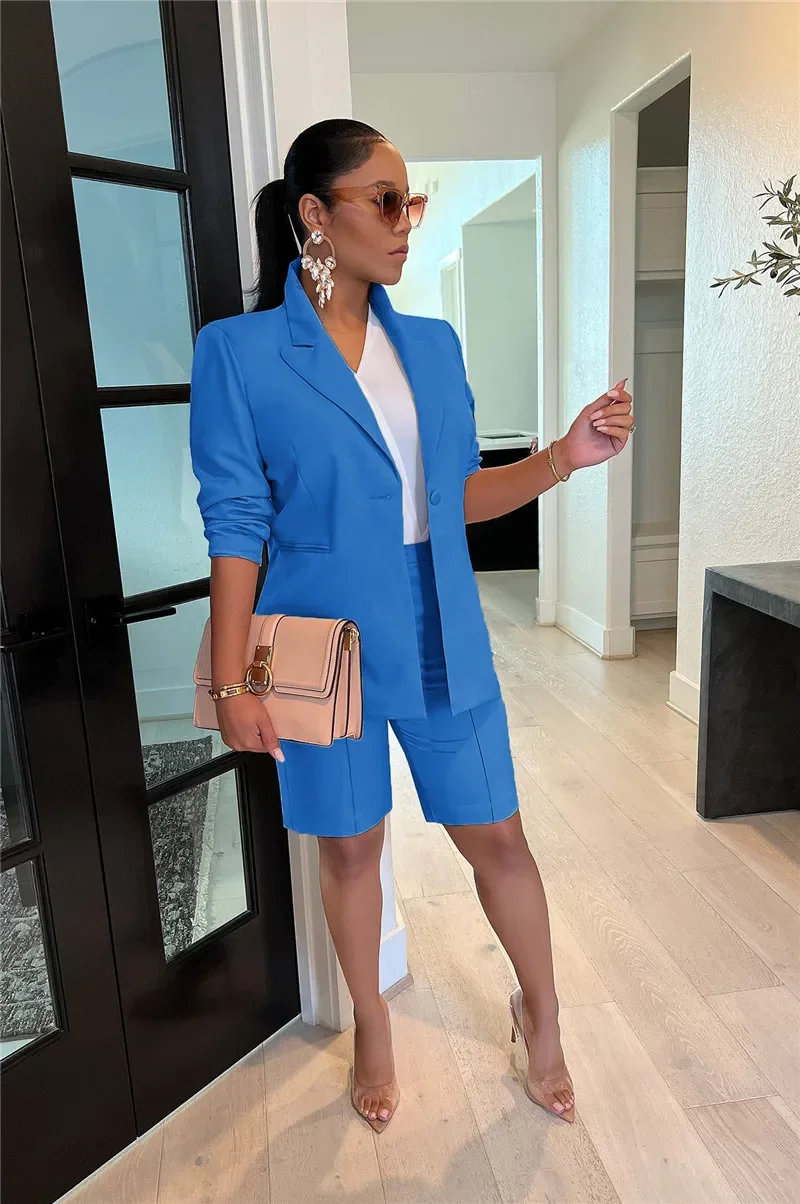 thumbnail image 1 of Conjunto de dos piezas liso e informal para mujer, conjuntos a juego, chaqueta de manga larga, abrigo y pantalones cortos, trajes de negocios elegantes para mujer de oficina, 1 of 5