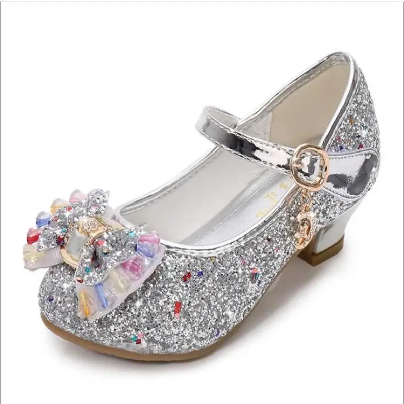 Girls Leather Shoes Princess Shoes Children round-Toe Soft-Sole Big girls High Heel Princess Crystal Single