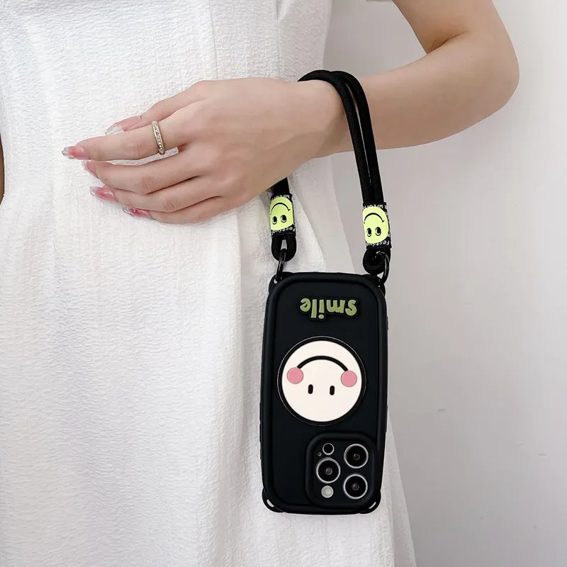 With Holes Liquid Silicone Smily Face Lanyard Phone Case For iPhone 15 14 13 12 11 Pro Max X XS MAX 7 8 Plus SE_voghion.com